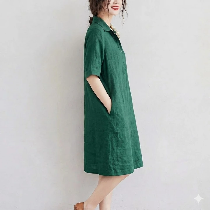 Đầm Suông Linen Nữ Cổ Đức Tay Lỡ Phối Hoa Có Túi, Váy Linen Form Rộng Suông Mát Không Kén Dáng - DS01