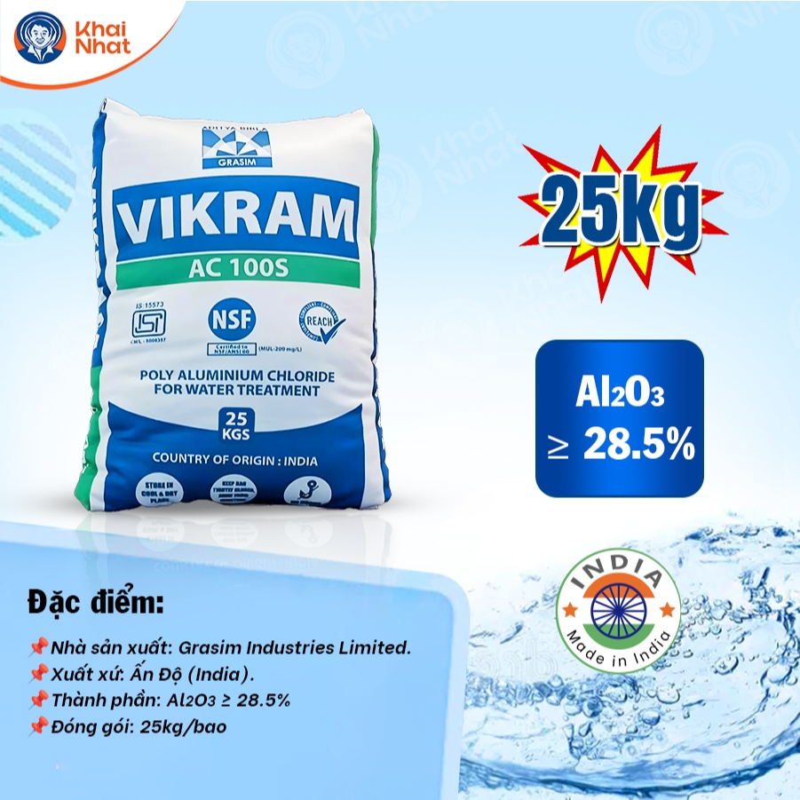 PAC Ấn Độ Vikram - Poly Aluminium Chloride (25kg/bao) - PAC chất trợ lắng xử lý nước