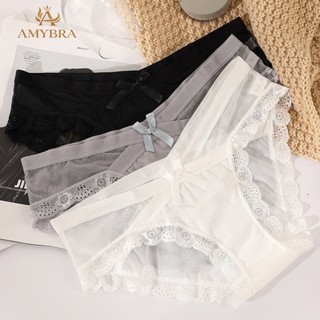 Quần Lót Nữ Cạp Chéo Đính Nơ Mềm Mại - Quần Chip Phối Ren Thoáng Mát Xuyên Thấu Gợi Cảm AMYBRA L8136