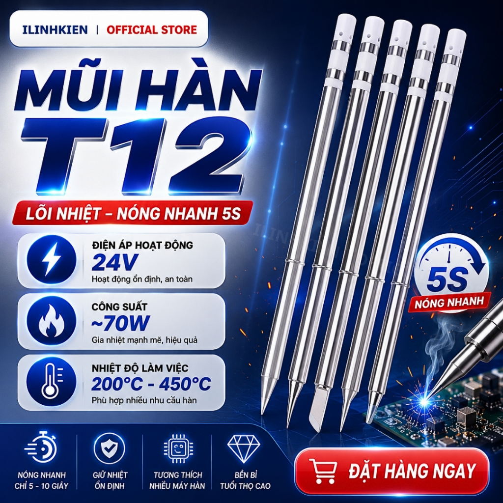 Mũi hàn T12 tích hợp ruột mỏ hàn xịn, đầu mỏ hàn mũi hàn chính hãng ilinhkien