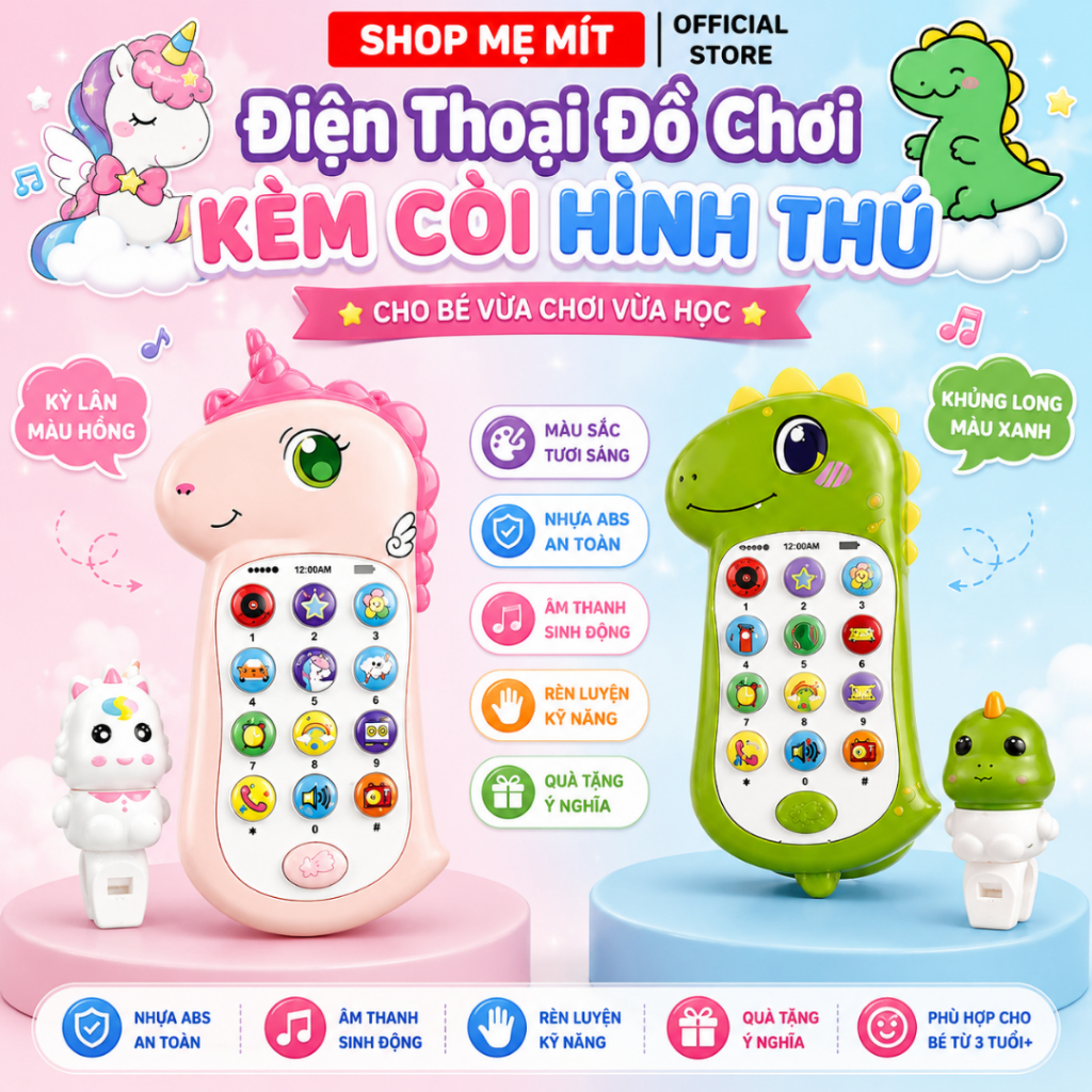 Điện Thoại Đồ Chơi Giáo Dục Sớm Cho Bé Kèm Còi Hình Thú – Phát Nhạc, Đèn LED, Dây Đeo Cổ cho bé