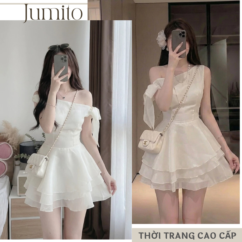 Đầm lệch vai phối nơ tay dáng ngắn xòe bồng tơ organza váy trắng kem phong cách nàng thơ tôn dáng HCOM25853