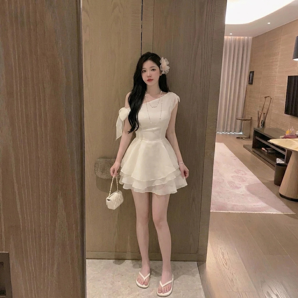 Đầm lệch vai phối nơ tay dáng ngắn xòe bồng tơ organza váy trắng kem phong cách nàng thơ tôn dáng HCOM25853