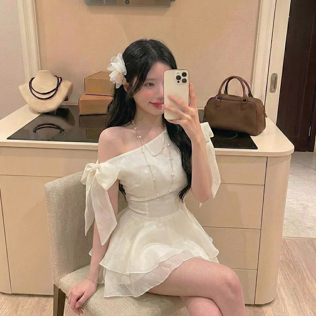 Đầm lệch vai phối nơ tay dáng ngắn xòe bồng tơ organza váy trắng kem phong cách nàng thơ tôn dáng HCOM25853