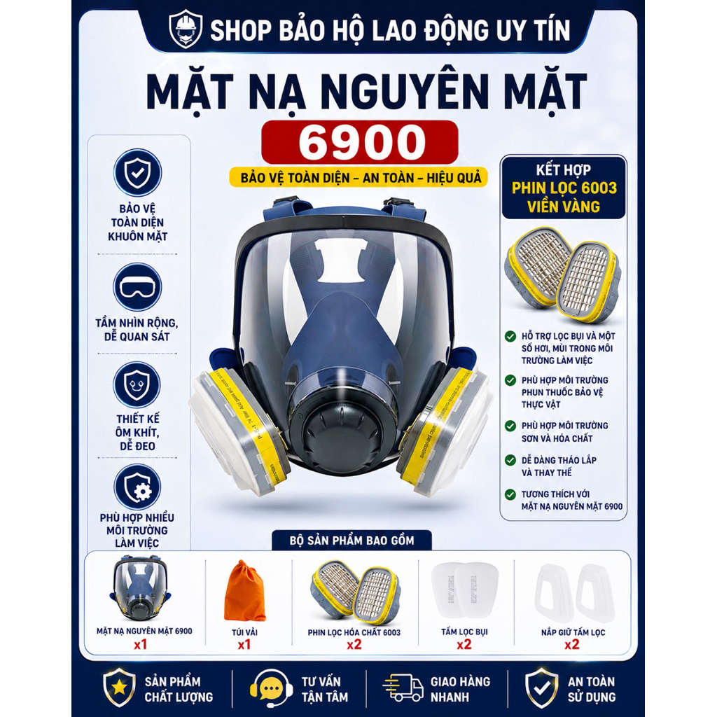 Mặt Nạ Nguyên Mặt 6900 Kèm Phin Lọc Hóa Chất 6003 Viền Vàng