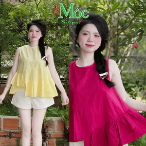Set bộ đùi áo cổ tròn cộc tay dáng tầng Cotton Hàn phối quần suông dài Kaki mặc hè năng dộng (DX)