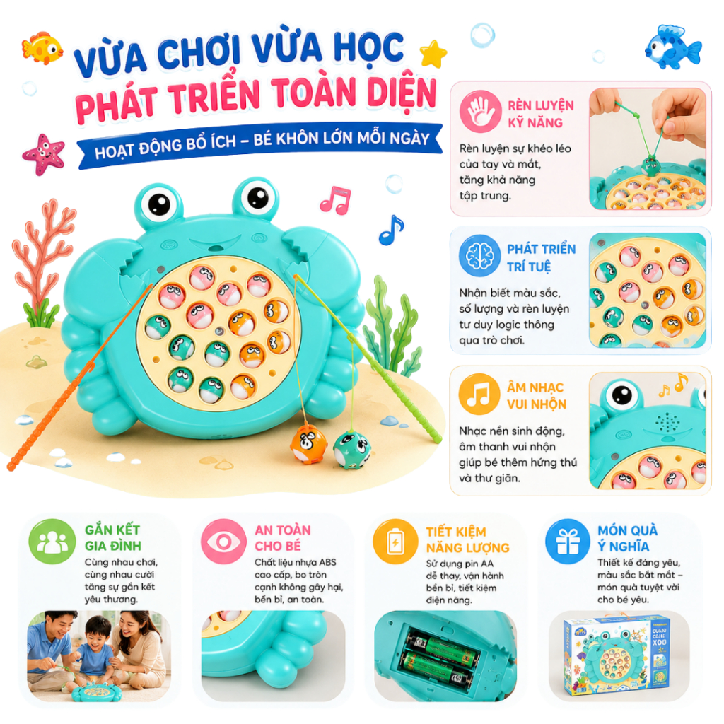 Đồ Chơi Câu Cá Điện Tử Hình Cua Đĩa Xoay 360° Có Nhạc – Bộ Câu Cá Nam Châm Cho Bé 15 Cá 2 Cần Câu