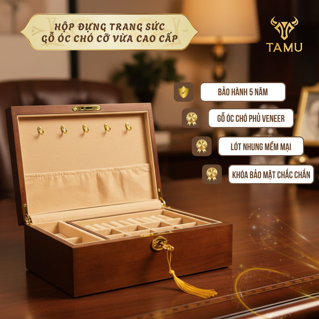Hộp Đựng Trang Sức Gỗ Óc Chó Cao Cấp TAMU – Lót Nhung, Khóa Bảo Mật, Quà Tặng Phụ Nữ, Quà Tặng Bạn Gái