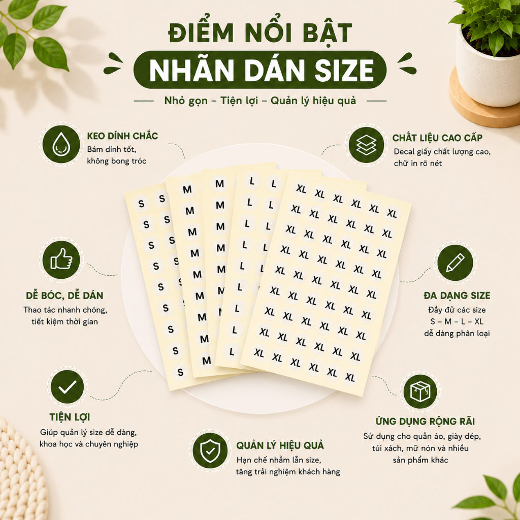 [75 TỜ] Nhãn Dán Size S M L XL - Nhãn Dán Tự Dính 13x13mm, Phân Loại Quần Áo, Phụ Kiện, Hàng Hóa