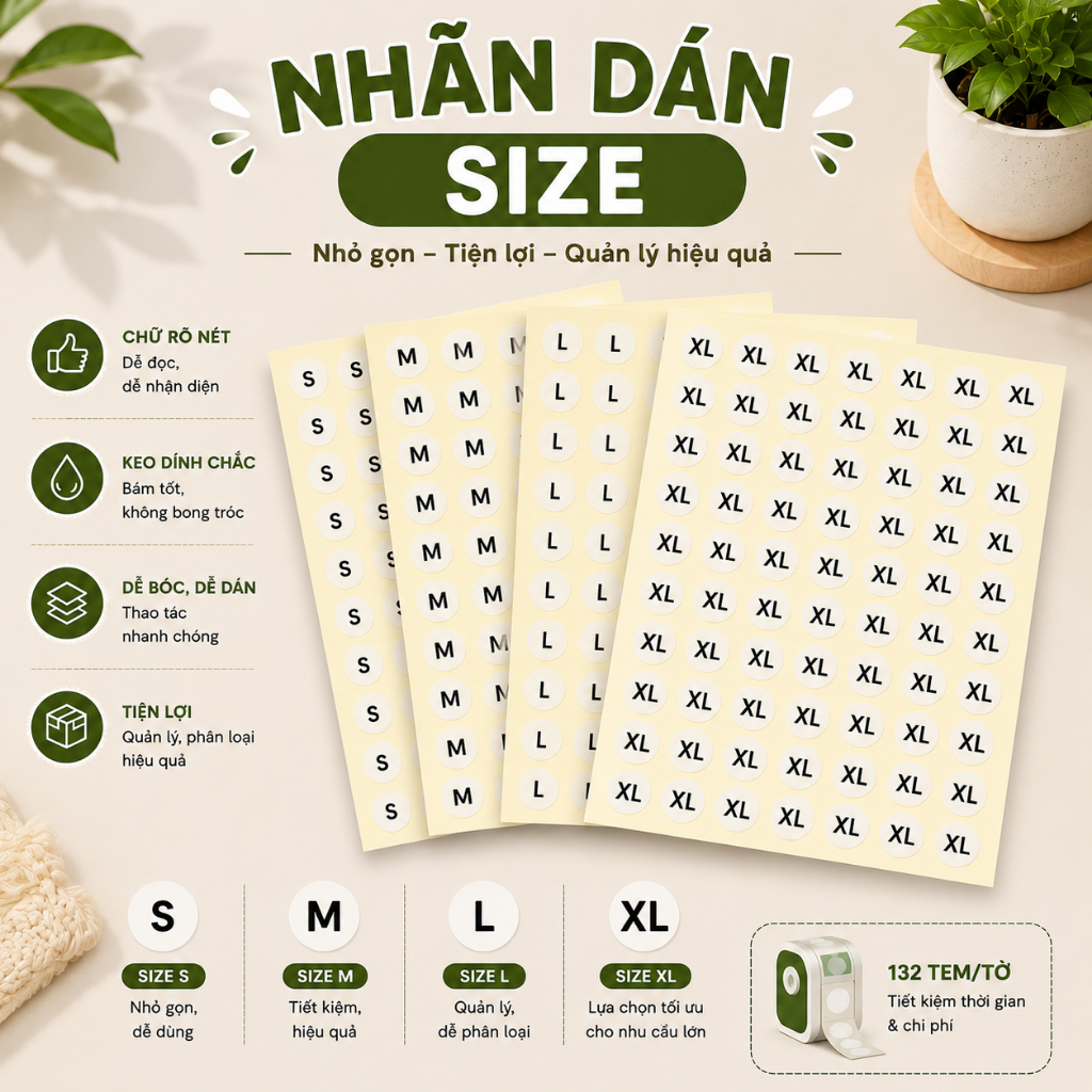 [75 TỜ] Nhãn Dán Size S M L XL - Nhãn Dán Tự Dính 13x13mm, Phân Loại Quần Áo, Phụ Kiện, Hàng Hóa