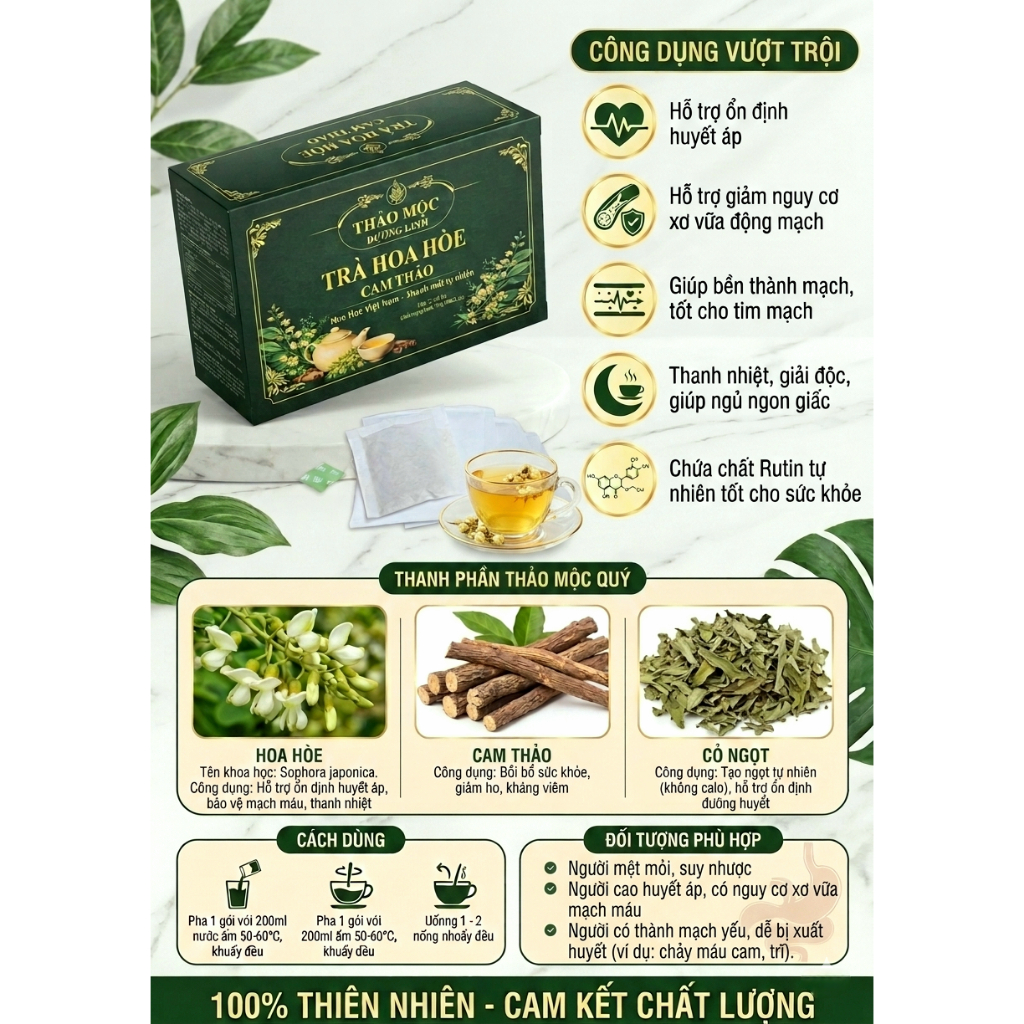 Trà Hoa Hòe Cam Thảo Túi Lọc Cao Cấp Hỗ Trợ Huyết Áp Cao, Thanh Nhiệt, Ngủ Ngon [Hộp 30 Gói]