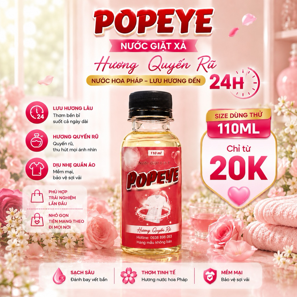 Nước Giặt POPEYE Mini 110ml - Hương Thơm Quyến Rũ Nước Hoa Pháp  - Giá Dùng Thử
