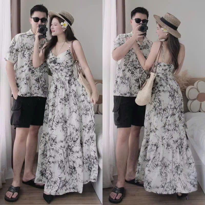 Set Đồ Nam Nữ Đi Biển - Váy 2 Dây Dáng Dài Có Mút Ngực Và Áo Sơ Mi Nam Họa Tiết Mềm Mát Cho Các Cặp Đôi Đi Du Lịch