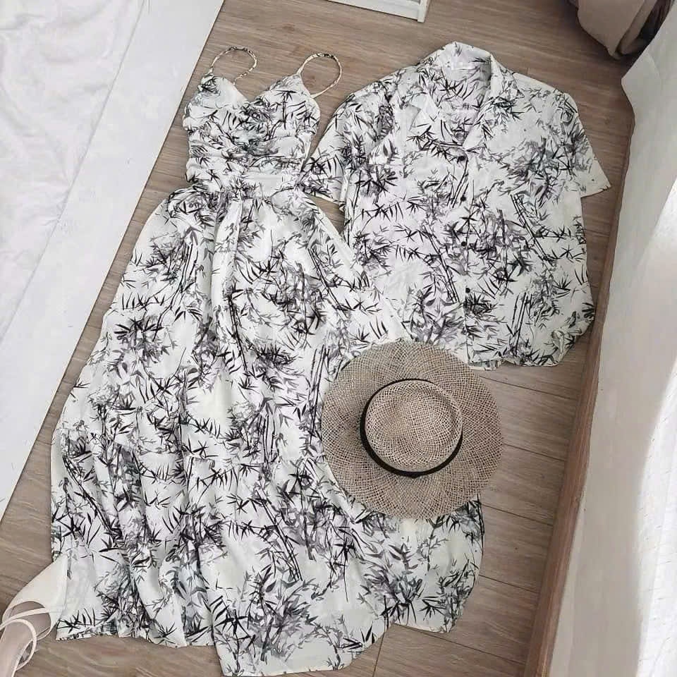 Set Đồ Nam Nữ Đi Biển - Váy 2 Dây Dáng Dài Có Mút Ngực Và Áo Sơ Mi Nam Họa Tiết Mềm Mát Cho Các Cặp Đôi Đi Du Lịch