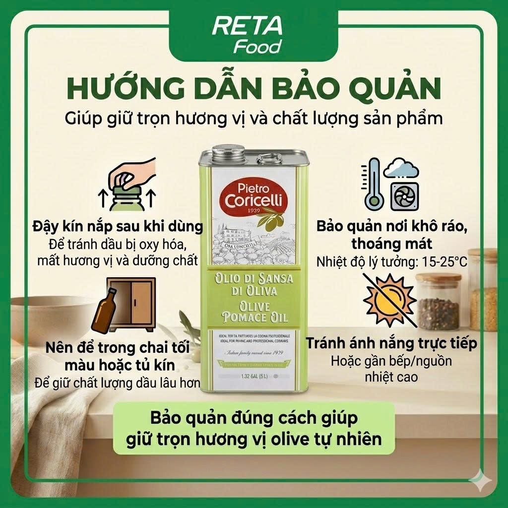 Dầu Oliu Pietro Coricelli Pomace Olive Oil 5L - Dùng Chiên Xào Nấu Ăn Hằng Ngày - Nhập Khẩu từ Ý - [Date 09.2027]