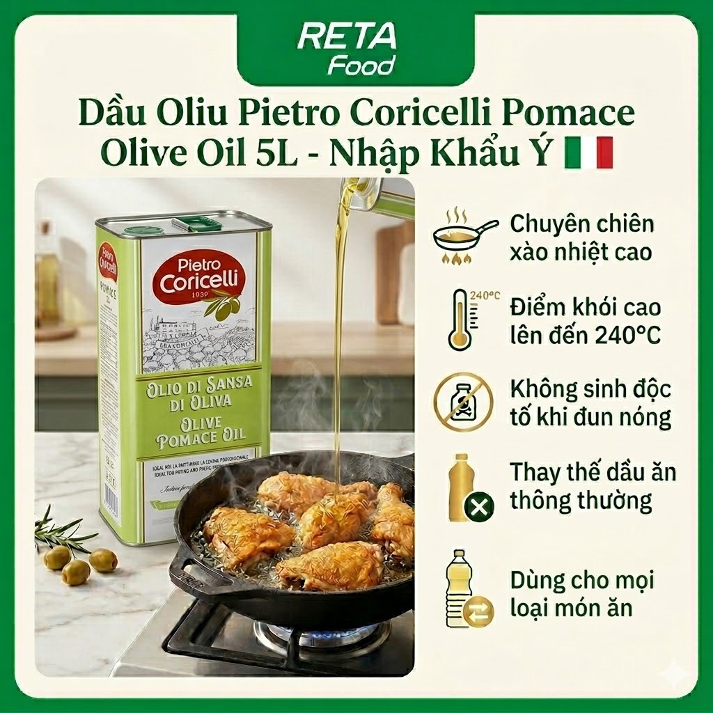Dầu Oliu Pietro Coricelli Pomace Olive Oil 5L - Dùng Chiên Xào Nấu Ăn Hằng Ngày - Nhập Khẩu từ Ý - [Date 09.2027]