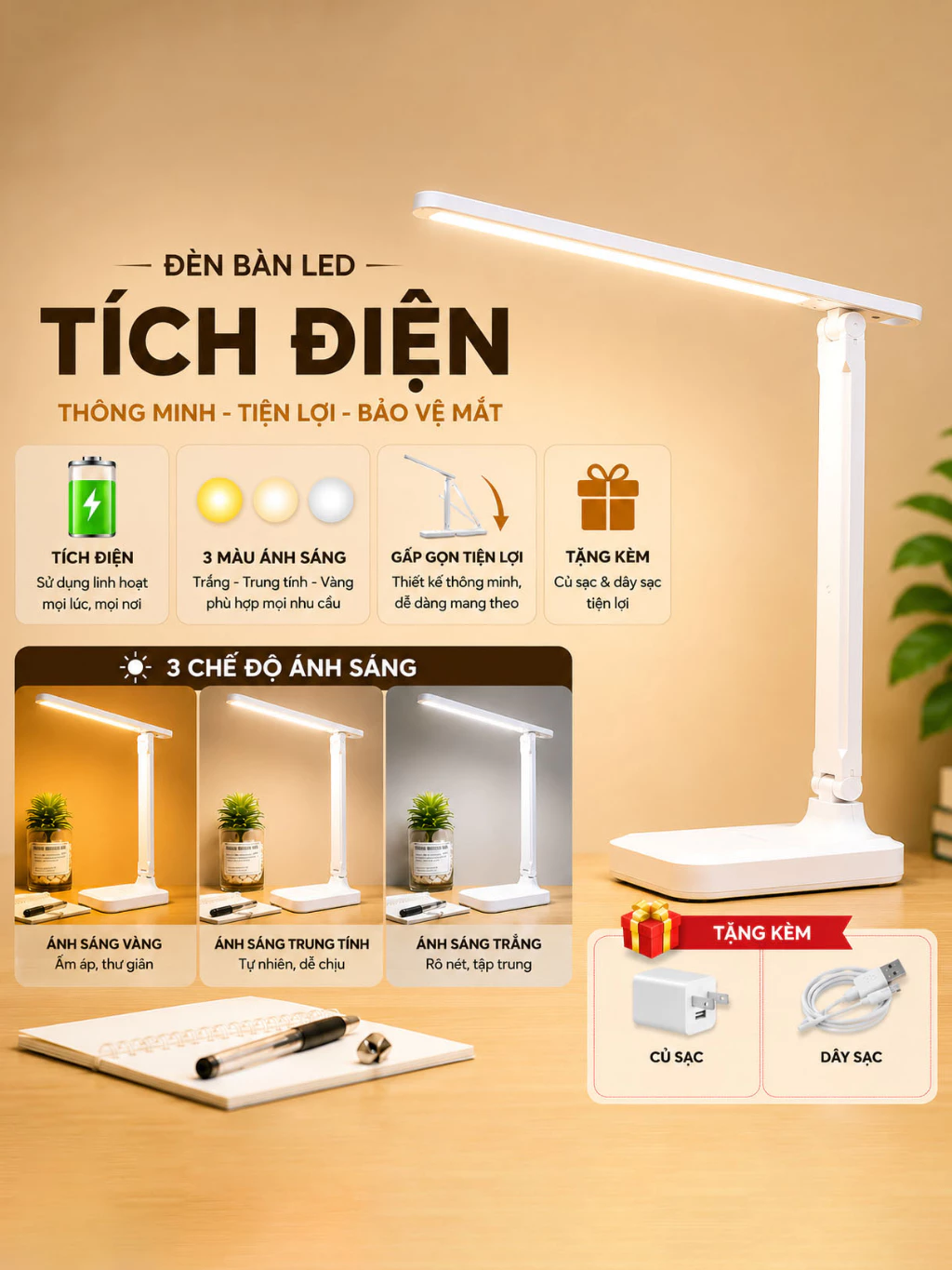 Đèn Học LED Chống Cận Có Sạc USB