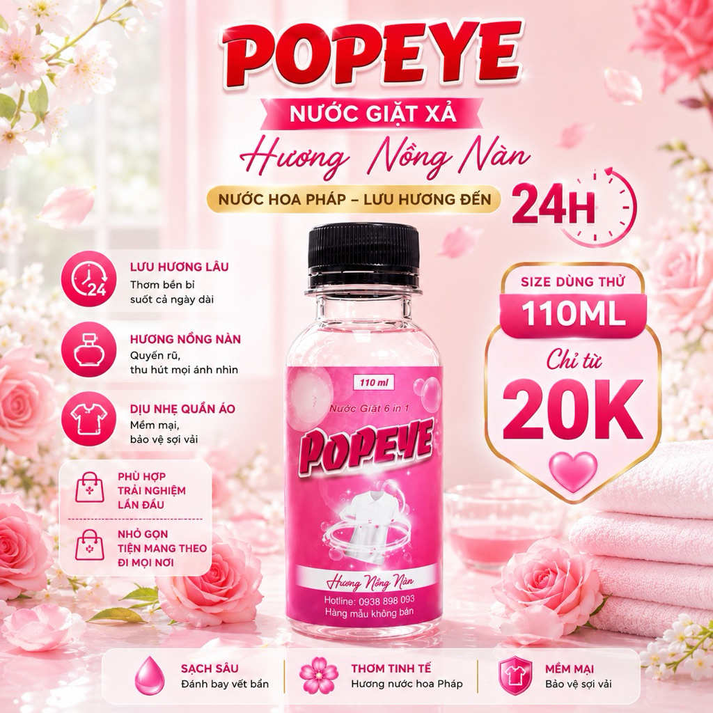 Nước Giặt POPEYE Mini 110ml - Hương Thơm Nồng Nàn Nước Hoa Pháp  - Giá Dùng Thử