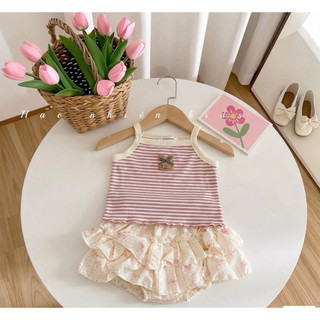 Set bộ áo 2 dây quần giả váy tầng bèo cho bé gái 6-14kg - Set váy xinh xắn cho bé gái