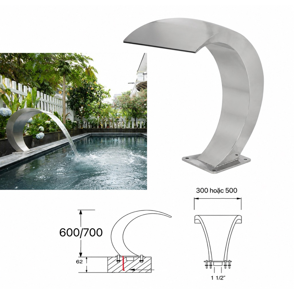 thác nước cong, cây phun nước, vòi massage dạng vòm, vòi phun nước bán nguyệt, thác nước cong inox, thác nước mỏ vịt