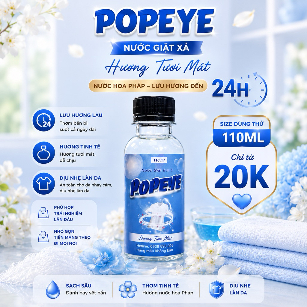 Nước Giặt POPEYE Mini 110ml - Hương Thơm Tươi Mát Nước Hoa Pháp  - Giá Dùng Thử