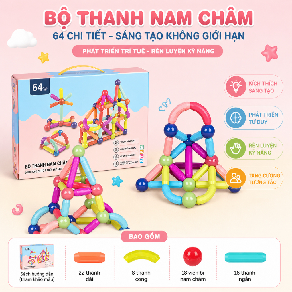 Bộ Thanh Nam Châm Lắp Ghép 64 Chi Tiết Cho Bé – Đồ Chơi Sáng Tạo, Phát Triển Tư Duy Và Kỹ Năng