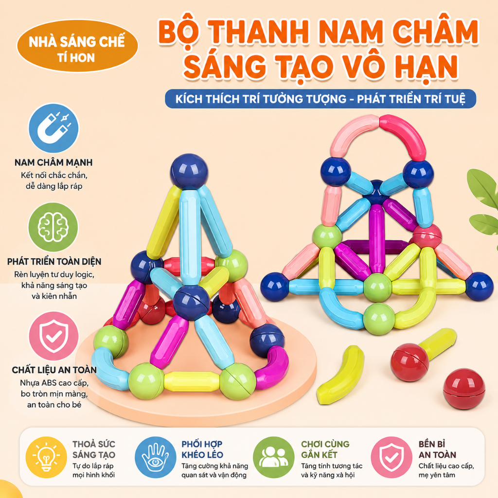 Bộ Thanh Nam Châm Lắp Ghép 64 Chi Tiết Cho Bé – Đồ Chơi Sáng Tạo, Phát Triển Tư Duy Và Kỹ Năng