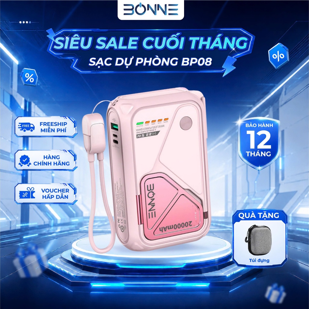 [TẶNG TÚI ĐỰNG] Sạc Dự Phòng BP08, Củ Sạc Nhanh BONNE BP08 10.000 mAh 20.000 mAh Hỗ Trợ Sạc Không Dây