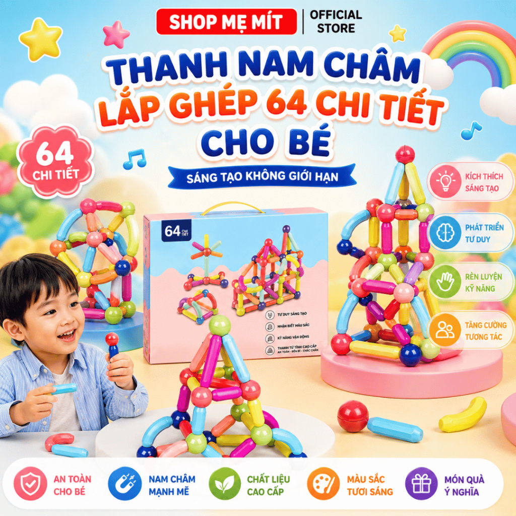 Bộ Thanh Nam Châm Lắp Ghép 64 Chi Tiết Cho Bé – Đồ Chơi Sáng Tạo, Phát Triển Tư Duy Và Kỹ Năng