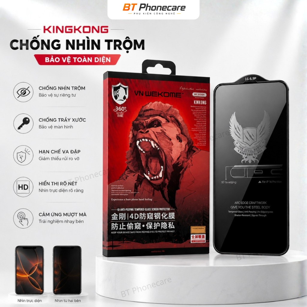 Cường Lực KingKong Chống Nhìn Trộm Full Viền i.P 7-17 Prm Bảo Vệ Màn Hình Riêng Tư