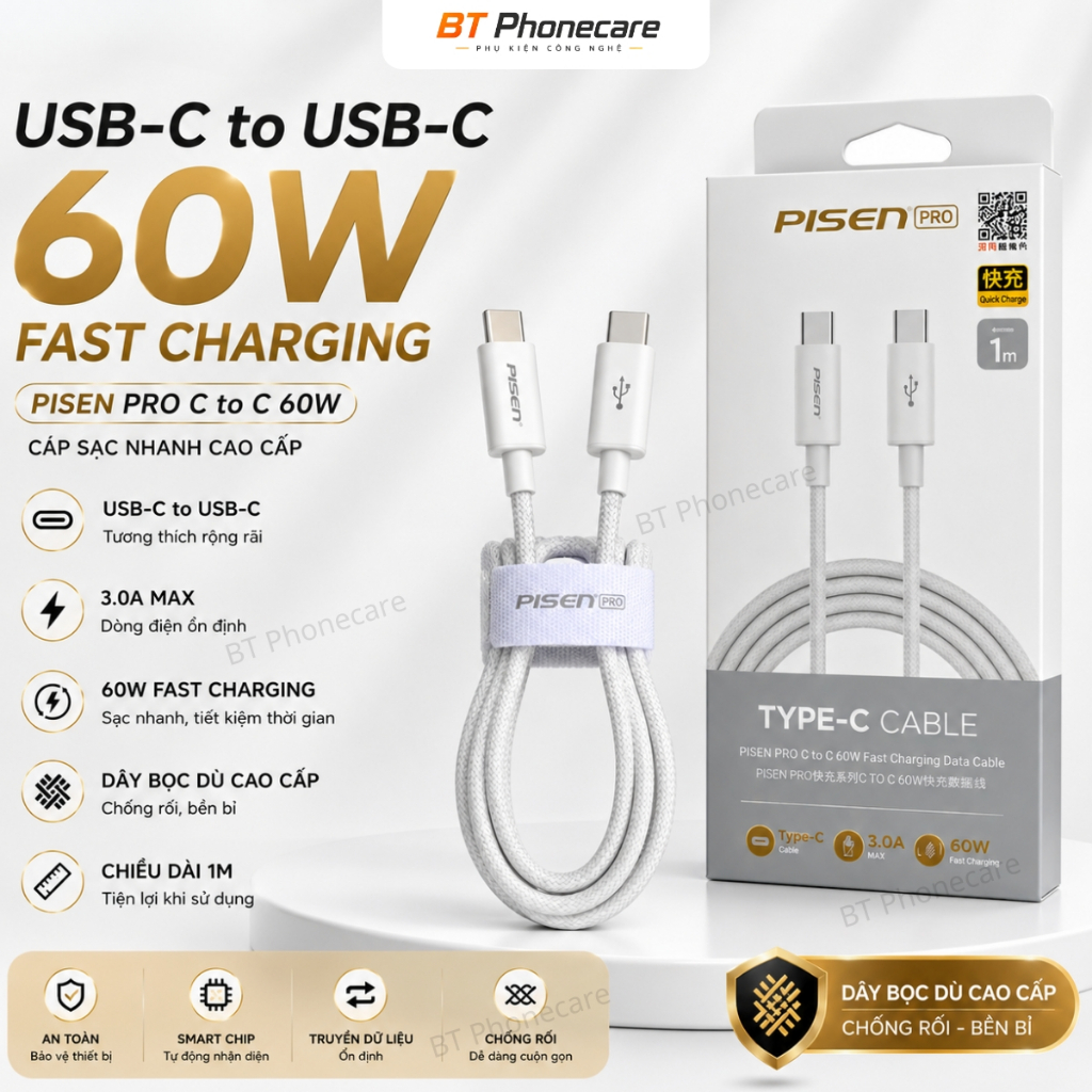 Cáp PISEN PRO Type C To Type C 60W Fast Charging Dây Bọc Dù Cao Cấp 1m Chống Gãy Chống Rối