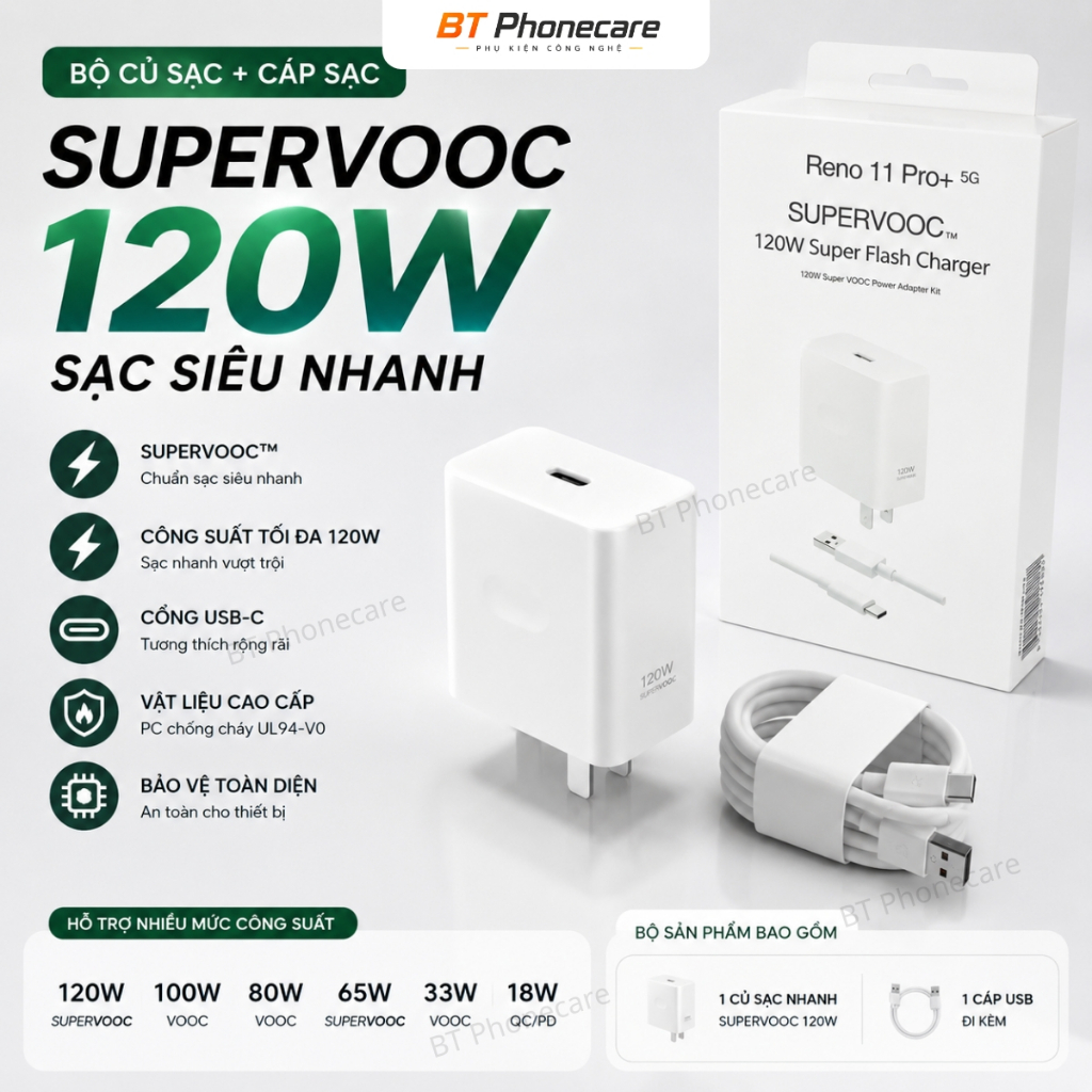 Bộ Củ Cáp Sạc Nhanh SuperVOOC 120W Kèm Cáp USB Hỗ Trợ Sạc Nhanh Công Suất Cao