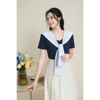 Áo Thun Cotton Nữ LAMER FASHION Cổ Tim Phối Khăn Vai Basic HSD V61B26H014