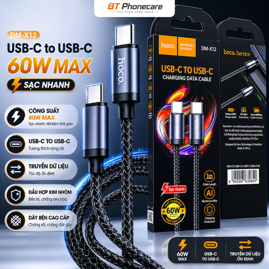 Cáp Sạc Nhanh HOCO DM-X12 USB-C 60W Dây Dù Chống Đứt Gãy Truyền Data Cho Laptop Điện Thoại