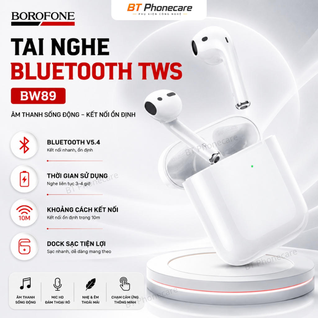 Tai Nghe Bluetooth TWS Borofone BW89 V5.4 Mic Đàm Thoại Âm Thanh Ổn Định Kết Nối 10m