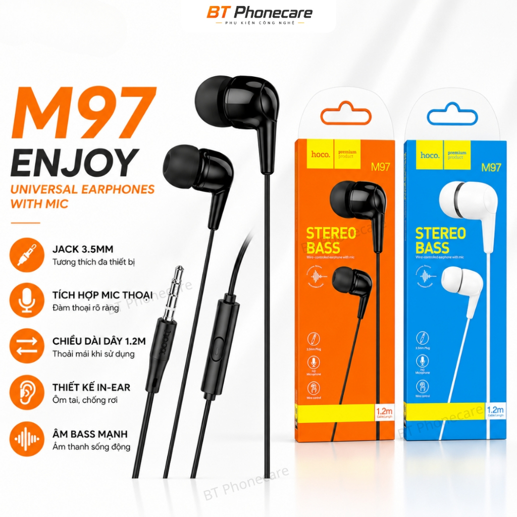 Tai Nghe Có Dây Hoco M97 Enjoy Universal Jack 3.5mm Có Mic Âm Bass Mạnh Tương Thích Android iPhone