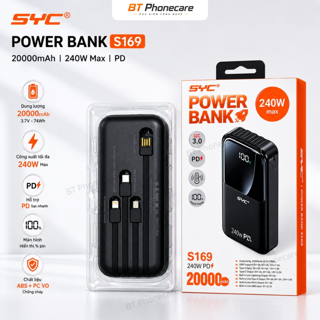 Pin Sạc Dự Phòng SYC S169 20000mAh Công Suất 240W Hỗ Trợ Sạc Nhanh PD Màn Hình Số