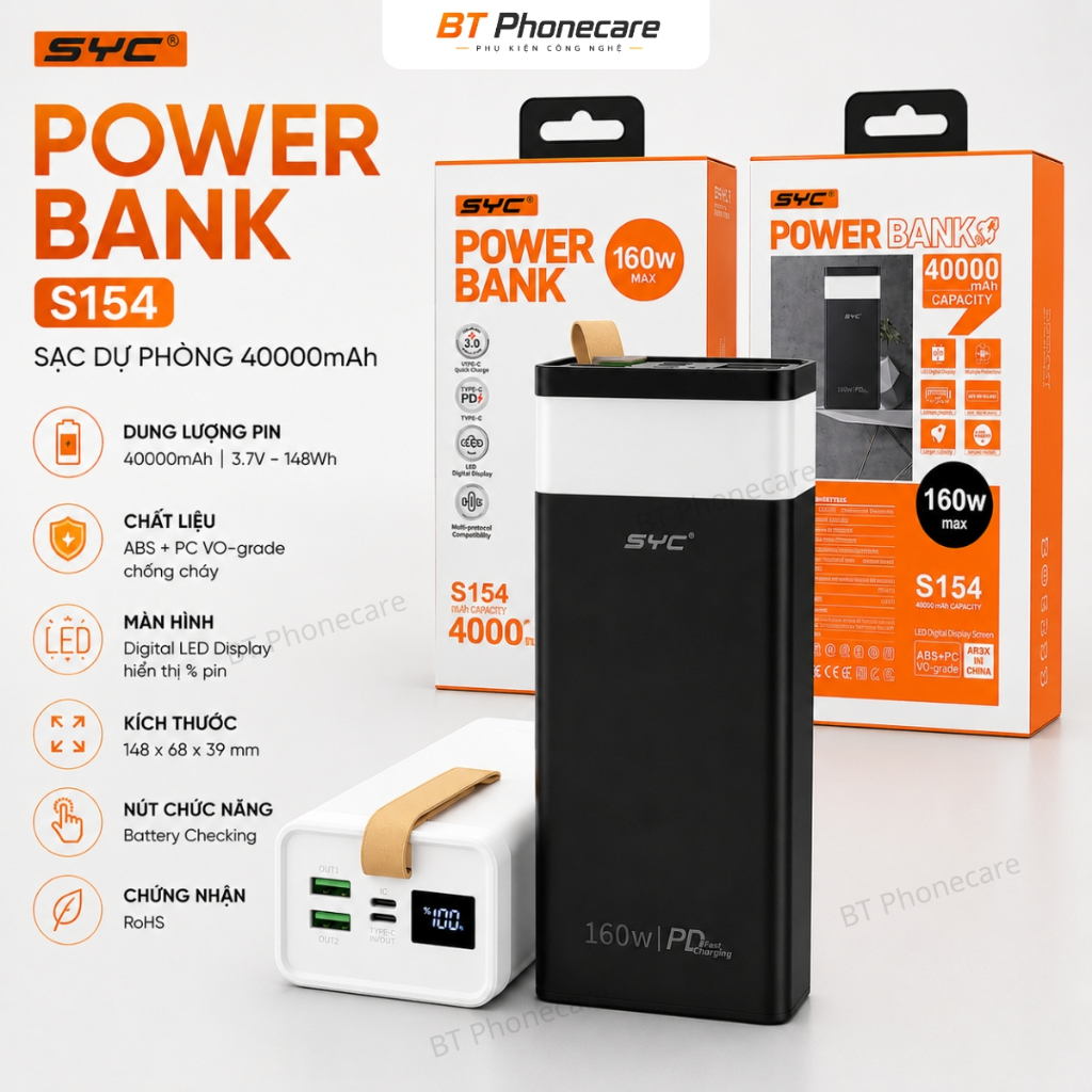 Sạc Dự Phòng SYC S154 40000mAh PD 160W Màn Hình LED Hiển Thị Pin Chống Cháy An Toàn