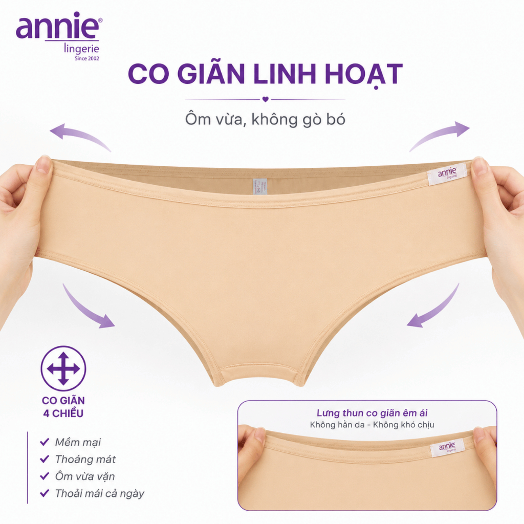 Combo 3 quần lót nữ trơn thun lạnh, lưng thấp cao cấp annie QE4534 ôm sát cơ thể, không cấn,mềm mịn