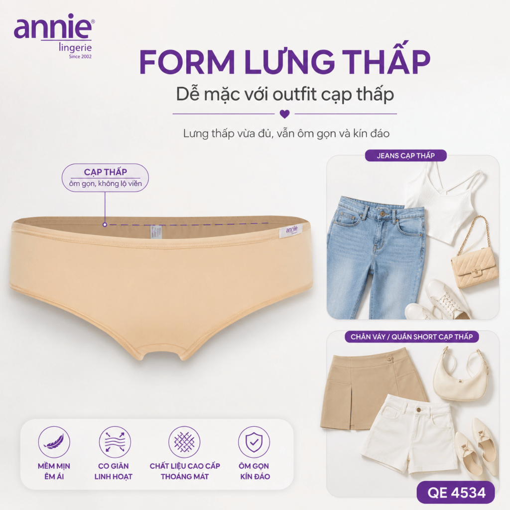 Combo 10 quần lót nữ trơn thun lạnh, lưng thấp cao cấp annie lingerie QE4534 ôm sát cơ thể, mềm mịn