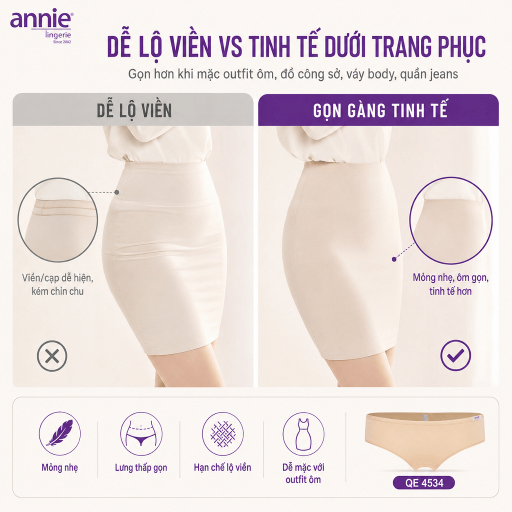 Combo 5 quần lót nữ trơn thun lạnh, lưng thấp cao cấp annie QE4534 ôm sát cơ thể, không cấn, mềm mịn