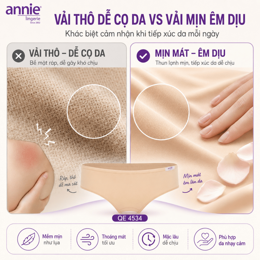Combo 3 quần lót nữ trơn thun lạnh, lưng thấp cao cấp annie QE4534 ôm sát cơ thể, không cấn,mềm mịn