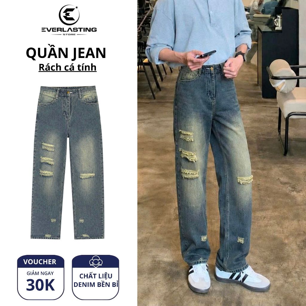Quần jean nam rách ống suông phong cách streetwear Hàn Quốc cá tính học sinh, sinh viên