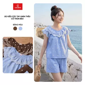 Áo kiểu nữ CARDINA chất liệu linen thêu cổ tròn bèo 6AKC31