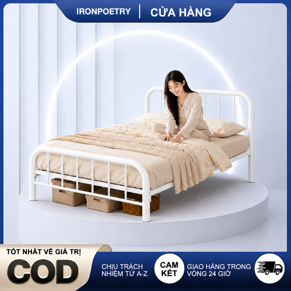 IRONPO Khung Giường Sắt Kim Loại Decor Bắc Âu Hiện Đại Xà Ngang Gia Cường Bản Rộng  Dễ Lắp Ráp