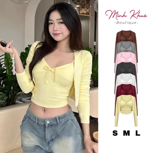 Set Cardigan Dáng Ngắn Kèm Áo Hai Dây Thắt nơ Nữ Thun Borip Lụa SET12 Mềm Mịn Co Giãn Trendy Minh Khuê Boutique