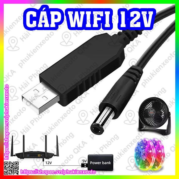 Dây Cáp Chuyển Đổi USB 5V Sang 5V 12V Đầu 2.1*5.5mm dùng Wifi khi mất điện
