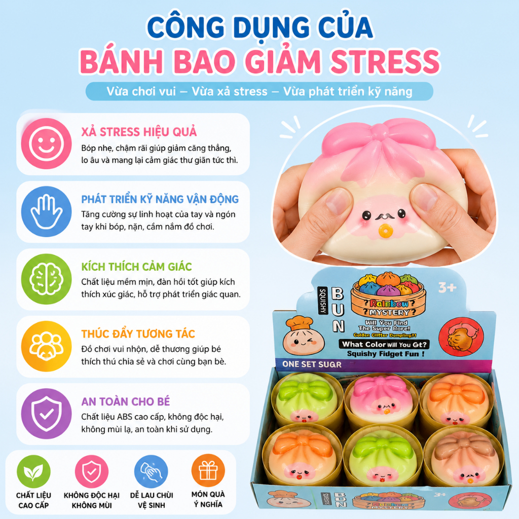 Bánh Bao Squishy Mochi Siêu Mềm Đàn Hồi Chậm Trong Hộp – Đồ Chơi Giảm Stress Trang Trí Bàn Học