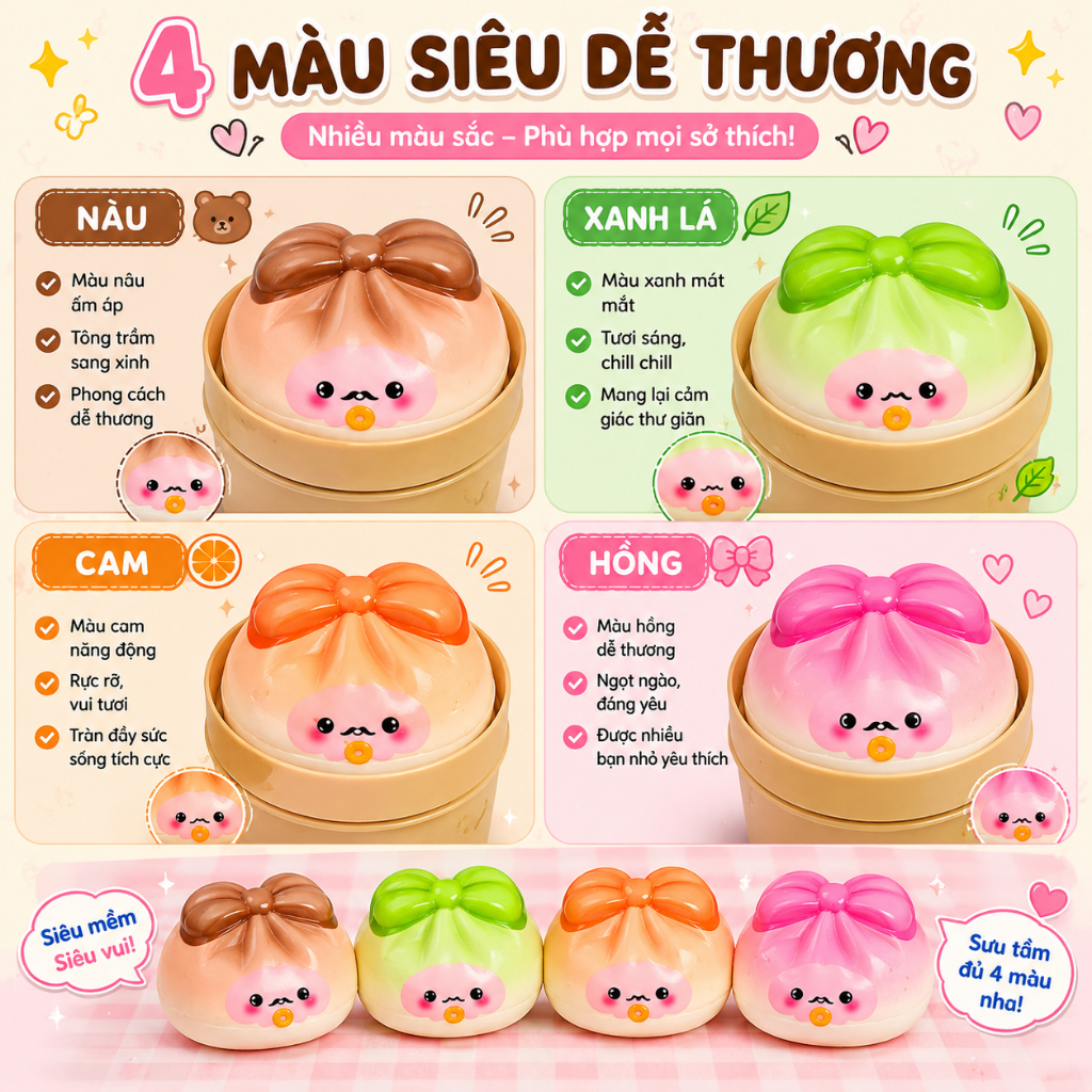 Bánh Bao Squishy Mochi Siêu Mềm Đàn Hồi Chậm Trong Hộp – Đồ Chơi Giảm Stress Trang Trí Bàn Học