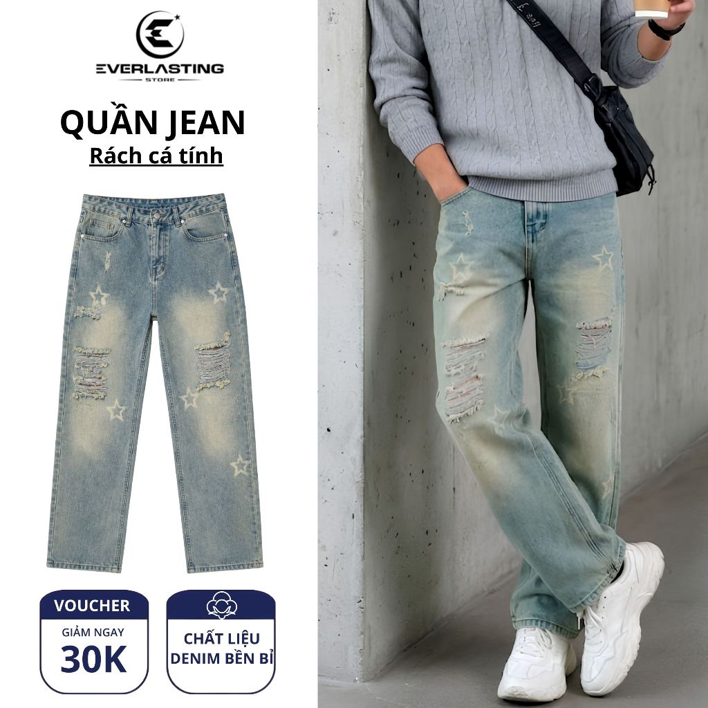 Quần jean nam ống suông rách in ngôi sao - Quần baggy streetwear form rộng cá tính